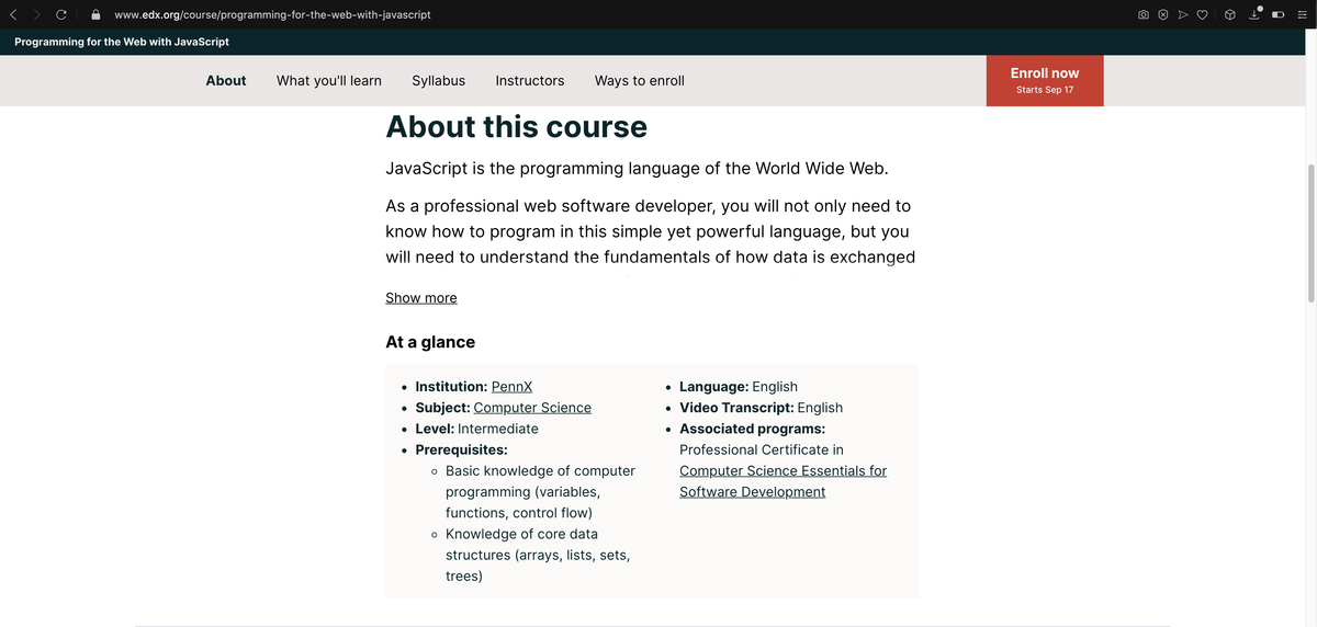 A snapshot of EdX showing the level of a course on coding